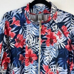 Catherines Zip Up Lightweight Jacket Womens 1X Blue Red White Tropical Floral‎
